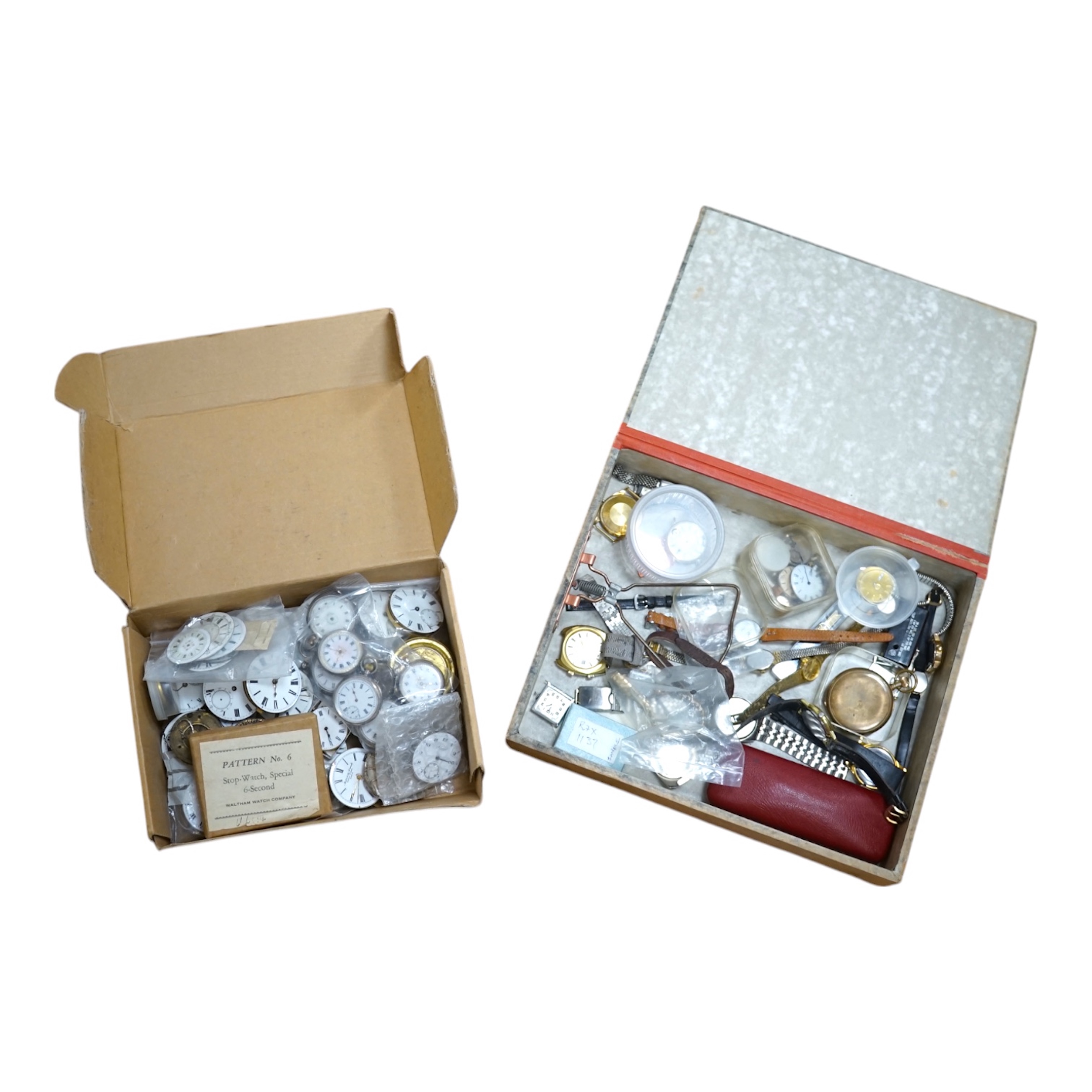 A collection of assorted wrist watches, pocket watch movements etc. and a boxed Waltham stop watch. Condition - poor to fair